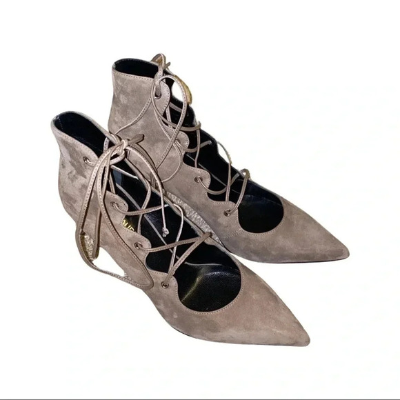 Saint Laurent Paris Tie Strap Gray Suede Heels Size 36.5 - Picture 2 of 6